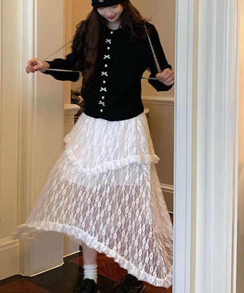 リボンニットカーディガンパールボタン無地 ニットセーターレディース クルーネック デザインニット ガーリーきれいめフェミニン秋服 韓国風 大人可愛いニットトップス 2YIKE-008